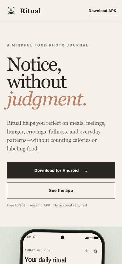 Mobile Ritual landing page with the ‘Notice, without judgment’ headline, stacked Android download buttons, and the beginning of the app preview